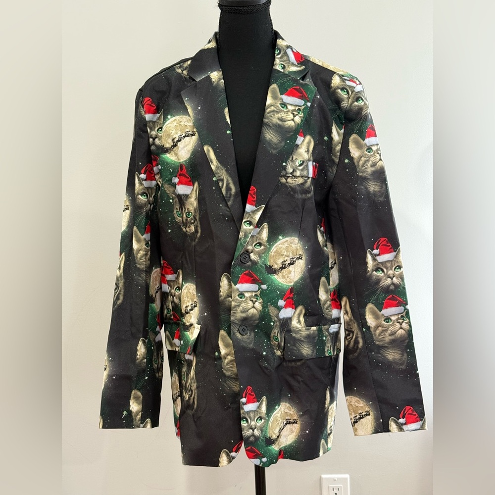 Life of the Party L Festive Cat Print w Shoulder Pads/ Lights Not Tested 109